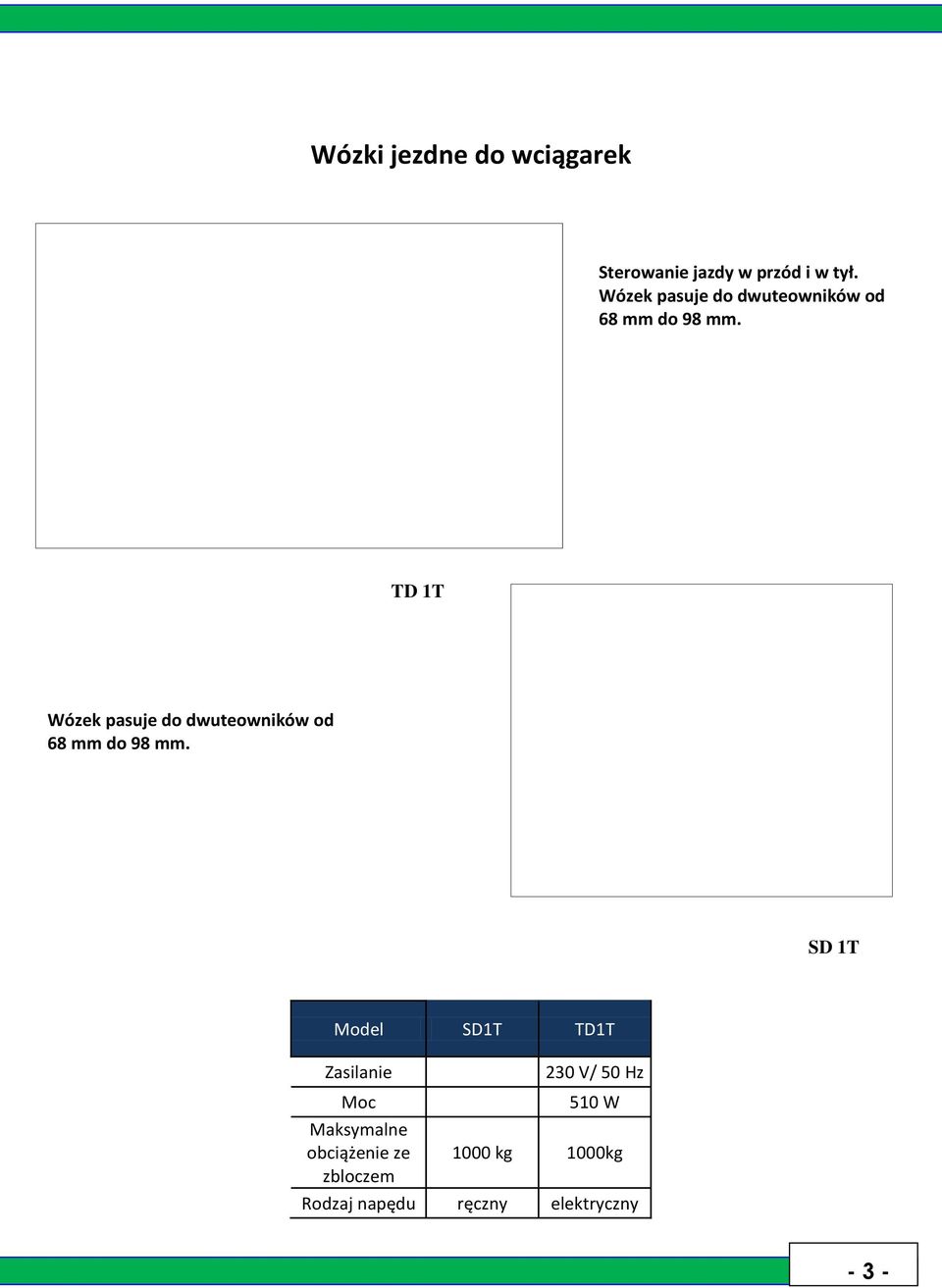 TD 1T  SD 1T Model SD1T TD1T Zasilanie 230 V/ 50 Hz Moc 510 W Maksymalne