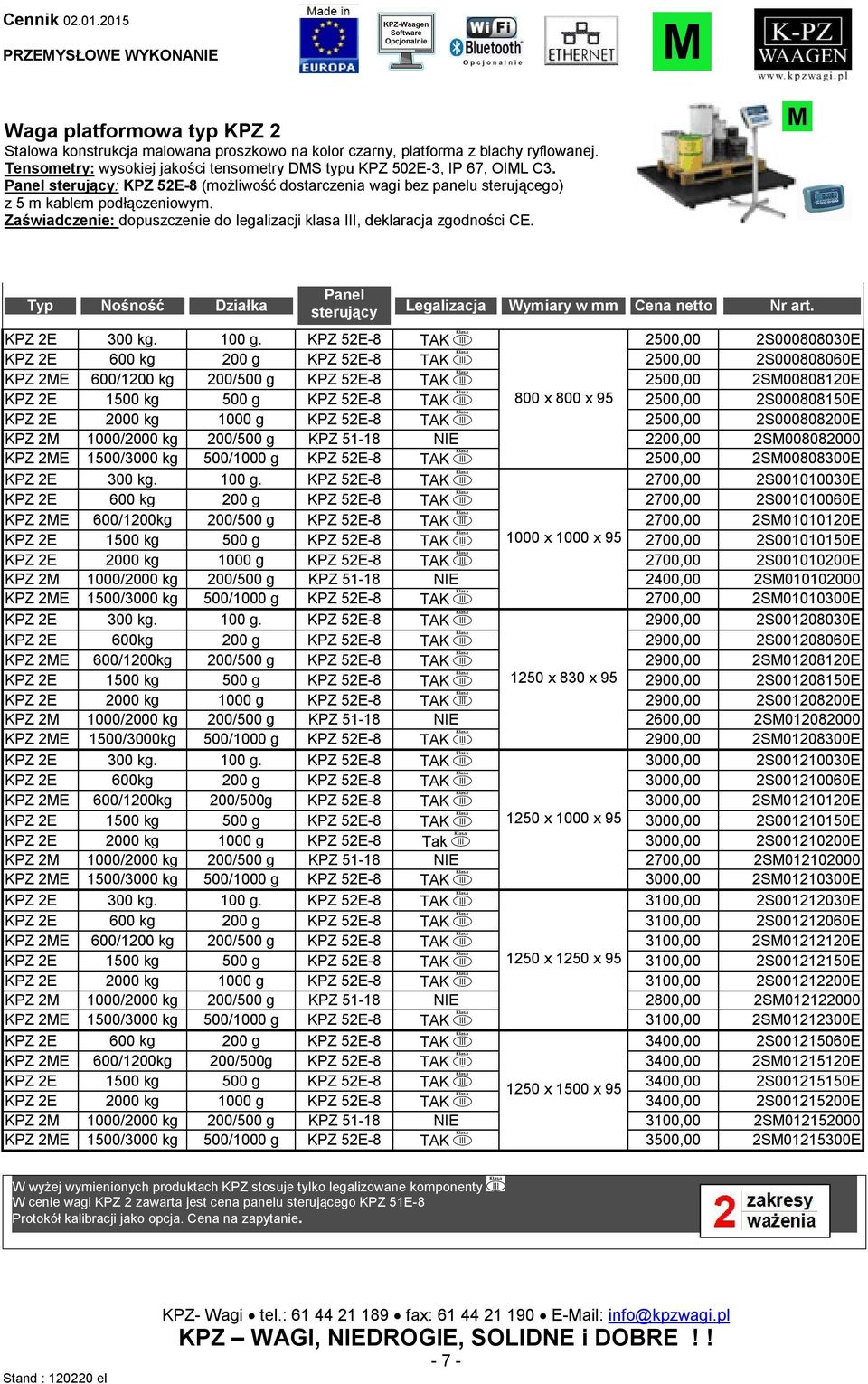 Typ Nośność Działka Panel sterujący Legalizacja Wymiary w mm Cena netto Nr art. KPZ 2E 300 kg. 100 g.