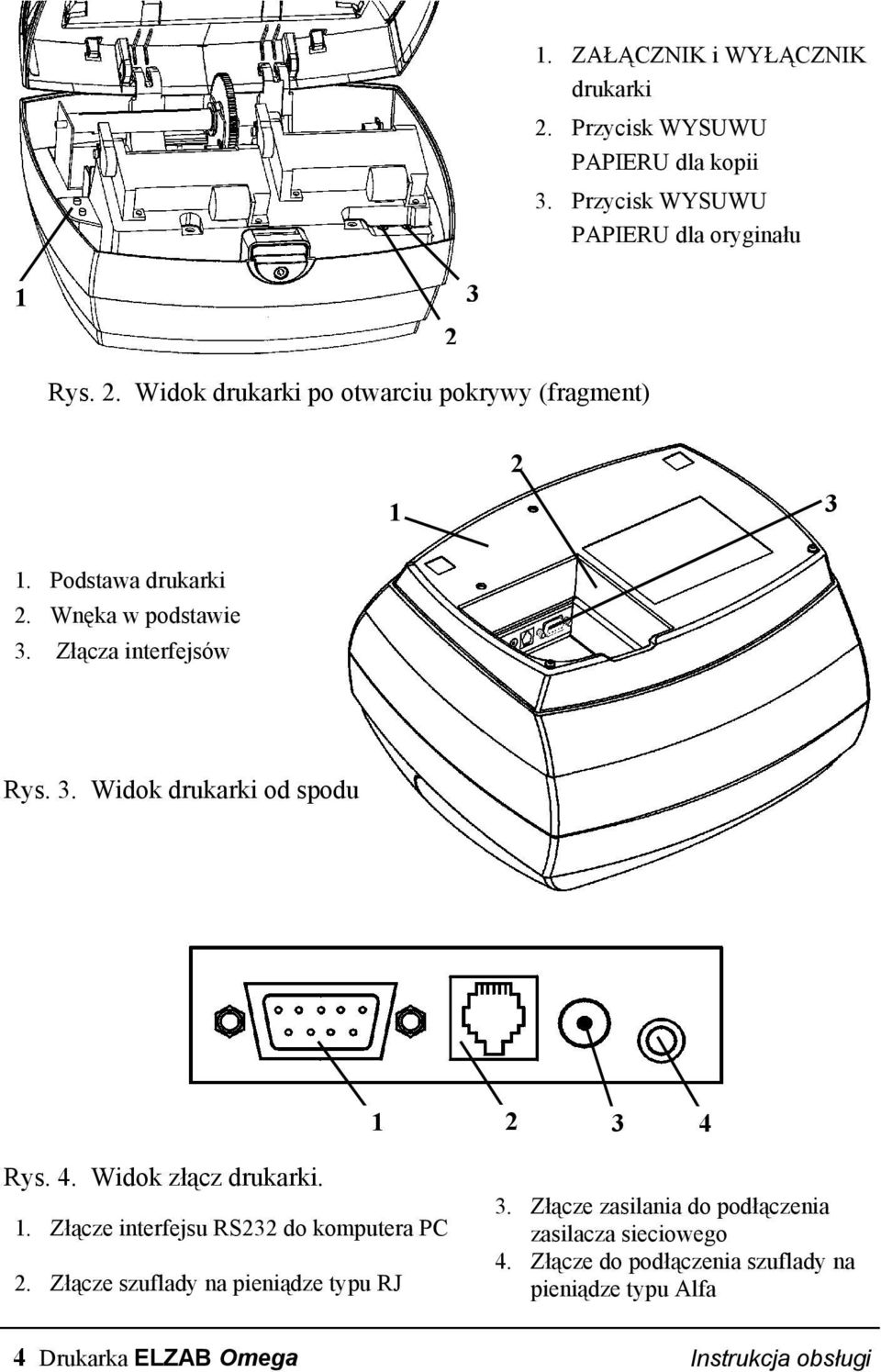 Złącze szuflady na pieniądze typu RJ 3. Złącze zasilania do podłączenia zasilacza sieciowego 4.