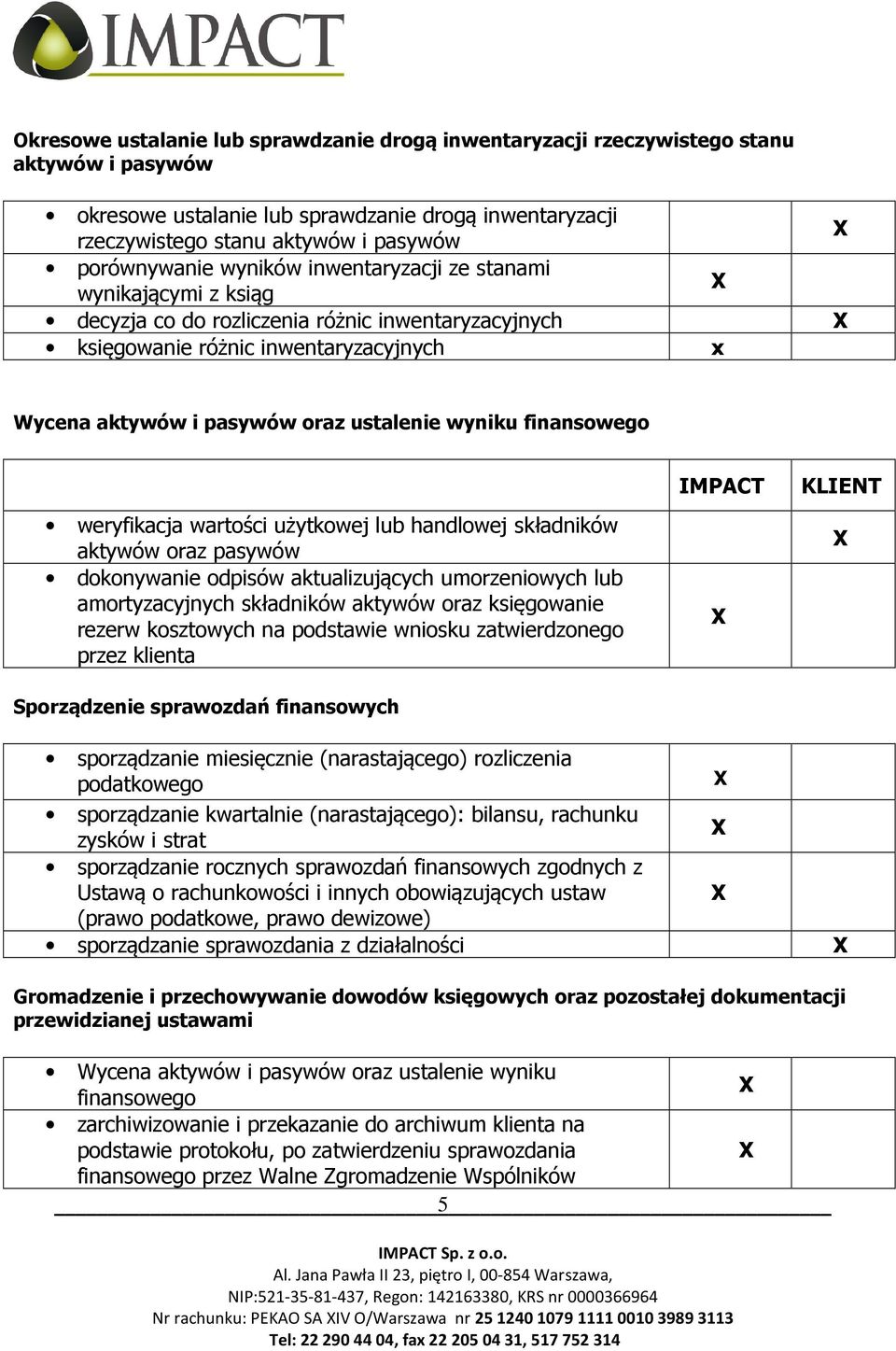 wyniku finansowego IMPACT KLIENT weryfikacja wartości użytkowej lub handlowej składników aktywów oraz pasywów dokonywanie odpisów aktualizujących umorzeniowych lub amortyzacyjnych składników aktywów