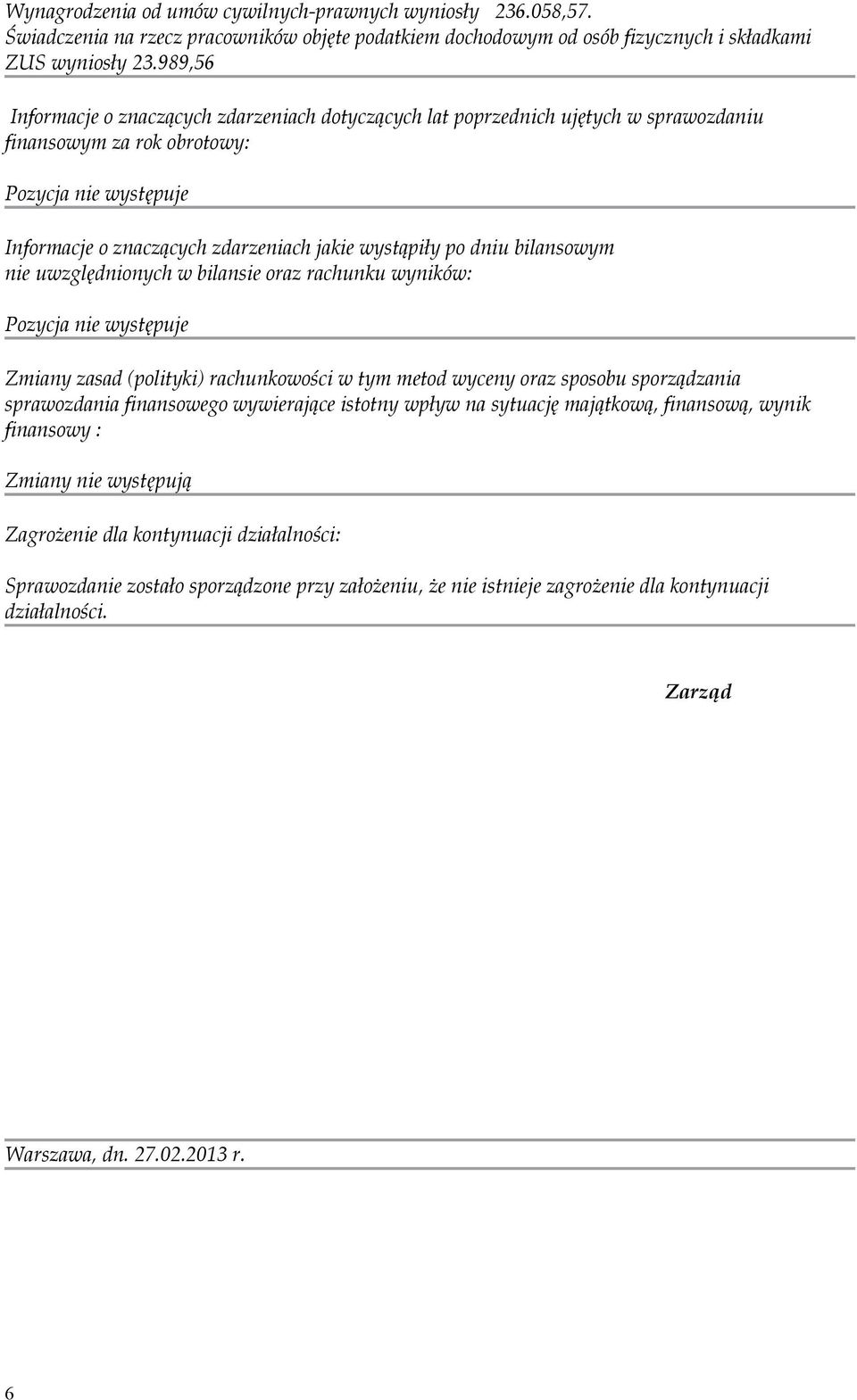 dniu bilansowym nie uwzględnionych w bilansie oraz rachunku wyników: Pozycja nie występuje Zmiany zasad (polityki) rachunkowości w tym metod wyceny oraz sposobu sporządzania sprawozdania finansowego