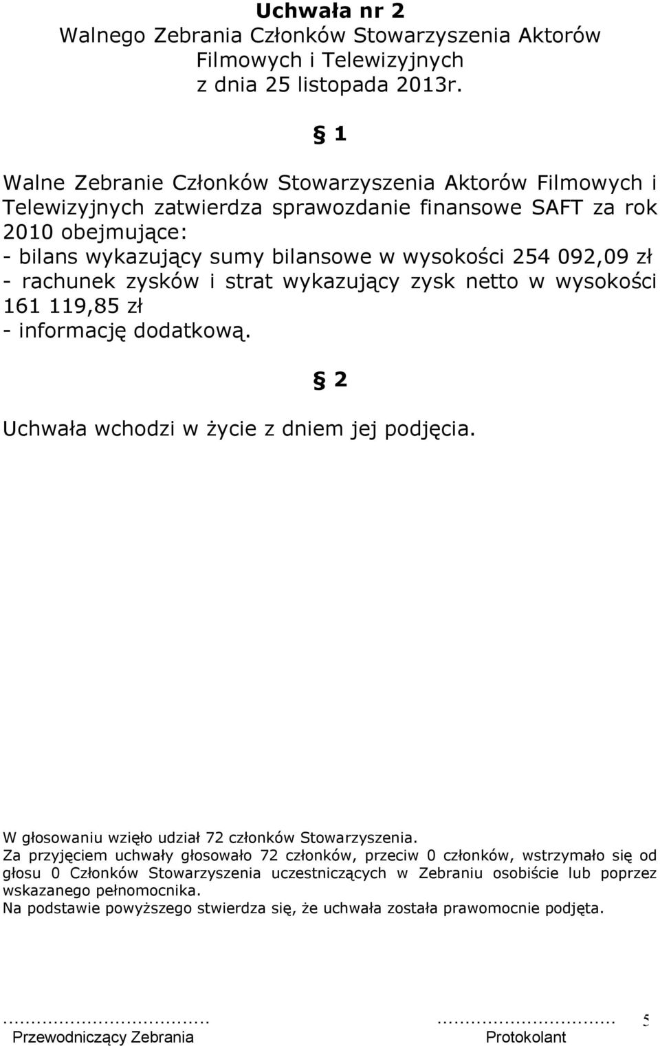 netto w wysokości 161 119,85 zł - informację dodatkową. 2 Uchwała wchodzi w życie z dniem jej podjęcia. W głosowaniu wzięło udział 72 członków Stowarzyszenia.