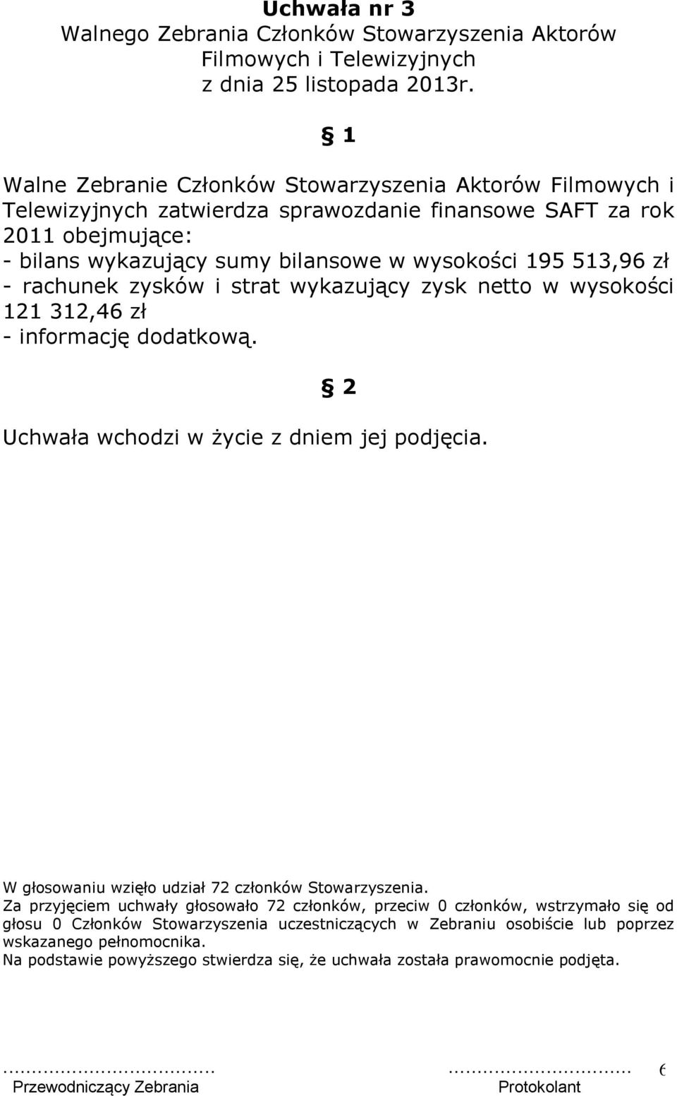 netto w wysokości 121 312,46 zł - informację dodatkową. 2 Uchwała wchodzi w życie z dniem jej podjęcia. W głosowaniu wzięło udział 72 członków Stowarzyszenia.