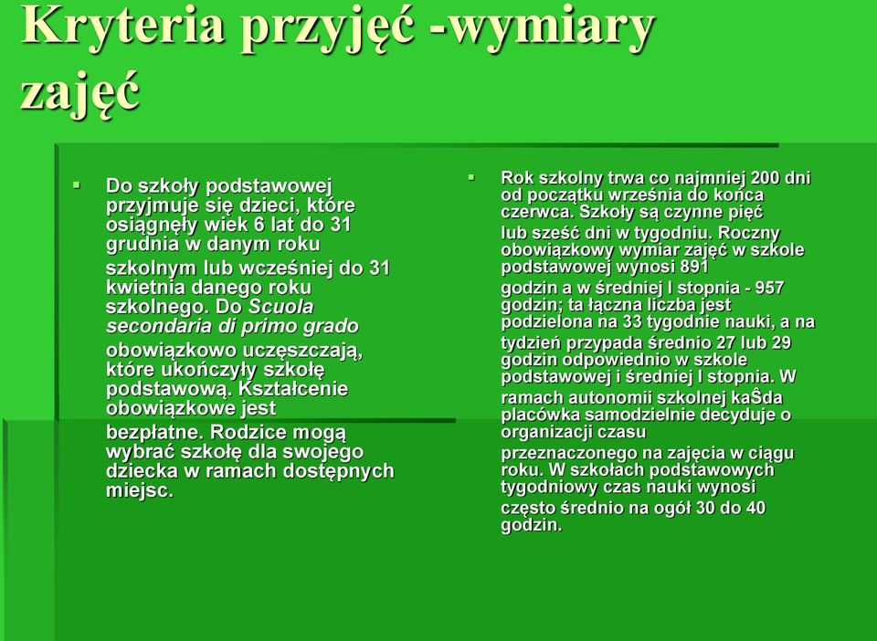 Rodzice mogą wybrać szkołę dla swojego dziecka w ramach dostępnych miejsc. Rok szkolny trwa co najmniej 200 dni od początku września do końca czerwca. Szkoły są czynne pięć lub sześć dni w tygodniu.