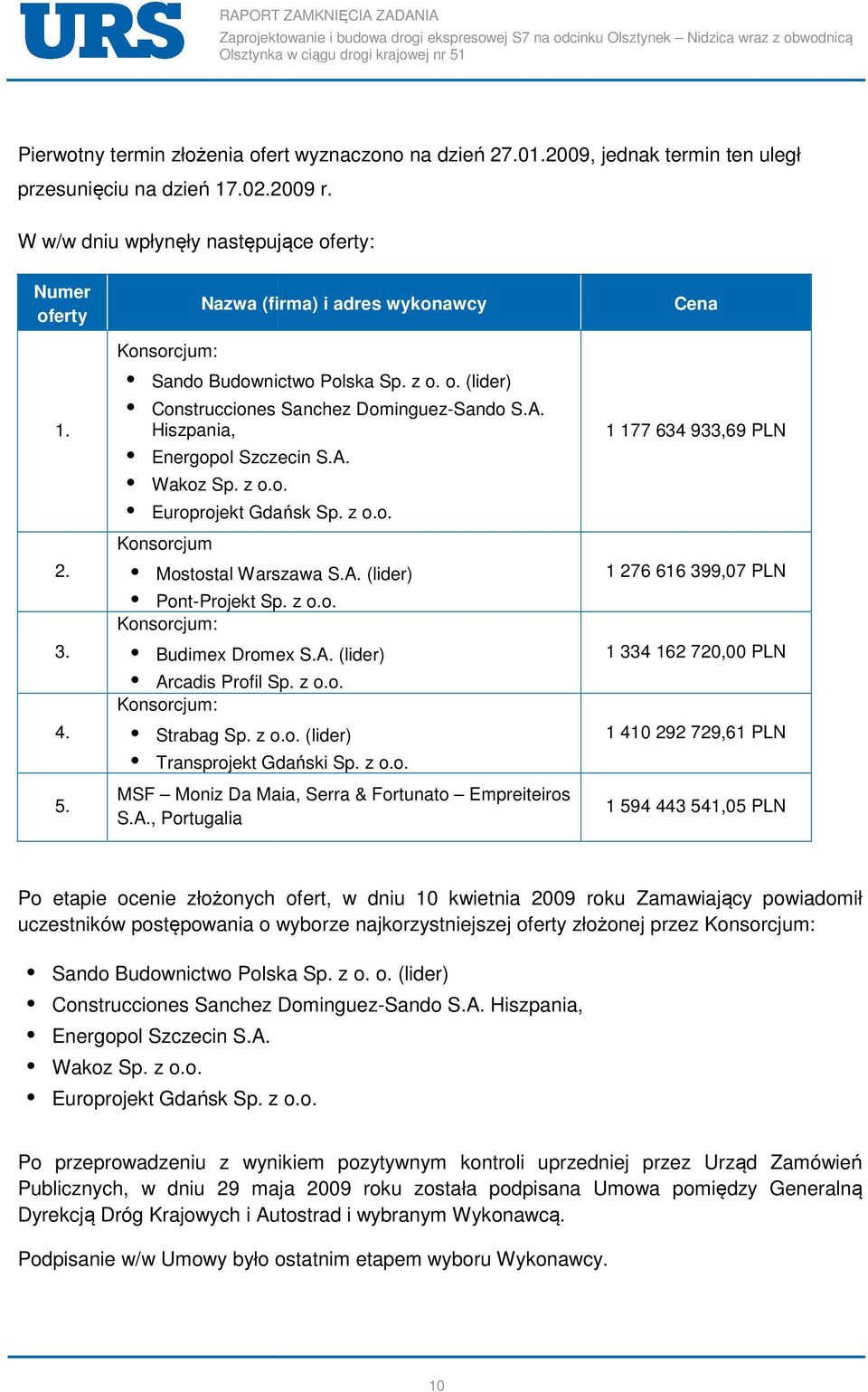 z o.o. Konsorcjum Mostostal Warszawa S.A. (lider) Pont-Projekt Projekt Sp. z o.o. Konsorcjum: Budimex Dromex S.A. (lider) Arcadis Profil Sp. z o.o. Konsorcjum: Strabag Sp. z o.o. (lider) Transprojekt Gdański Sp.