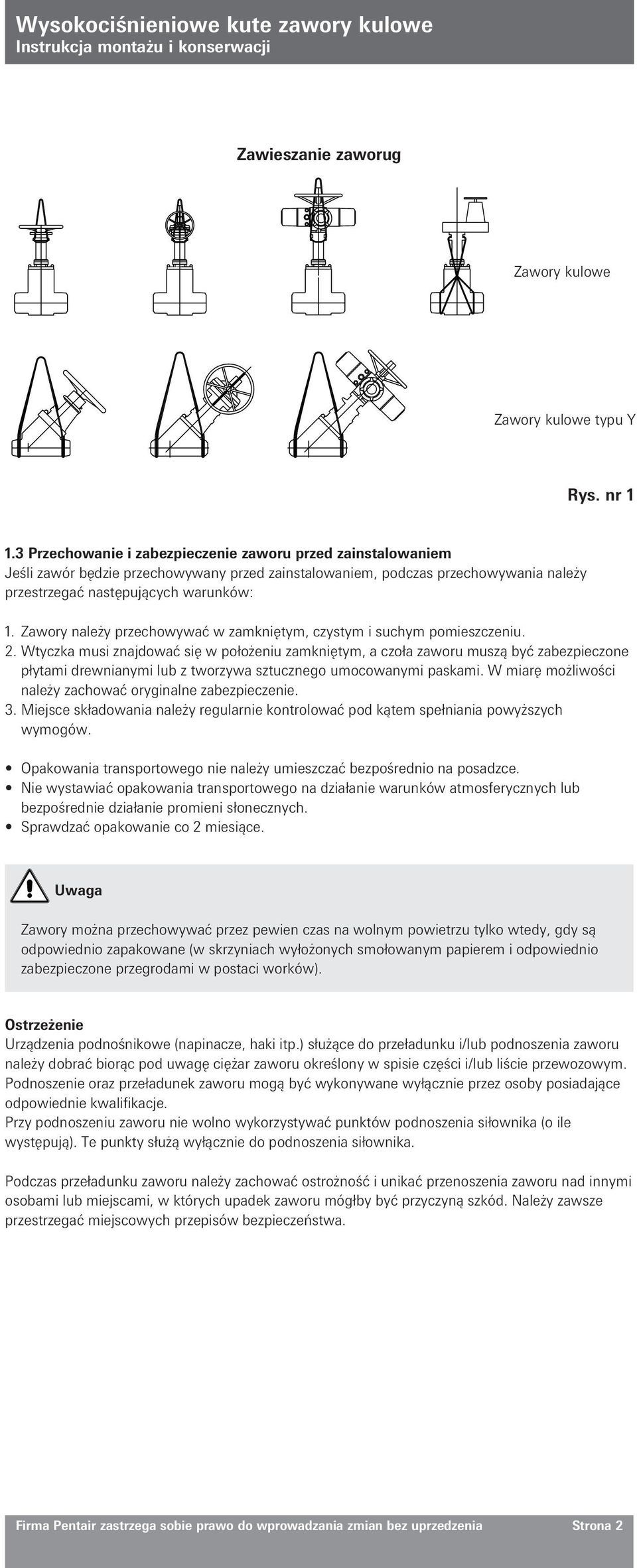 Zawory należy przechowywać w zamkniętym, czystym i suchym pomieszczeniu. 2.