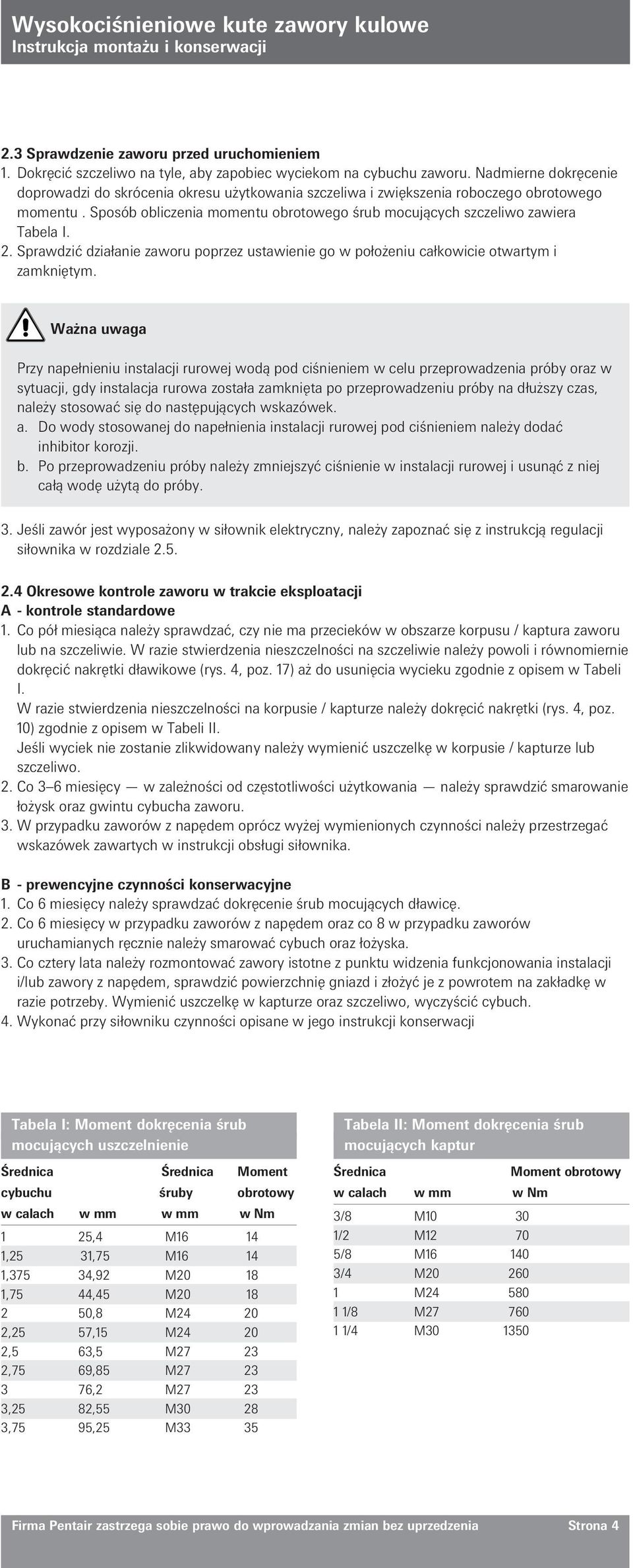 2. Sprawdzić działanie zaworu poprzez ustawienie go w położeniu całkowicie otwartym i zamkniętym.