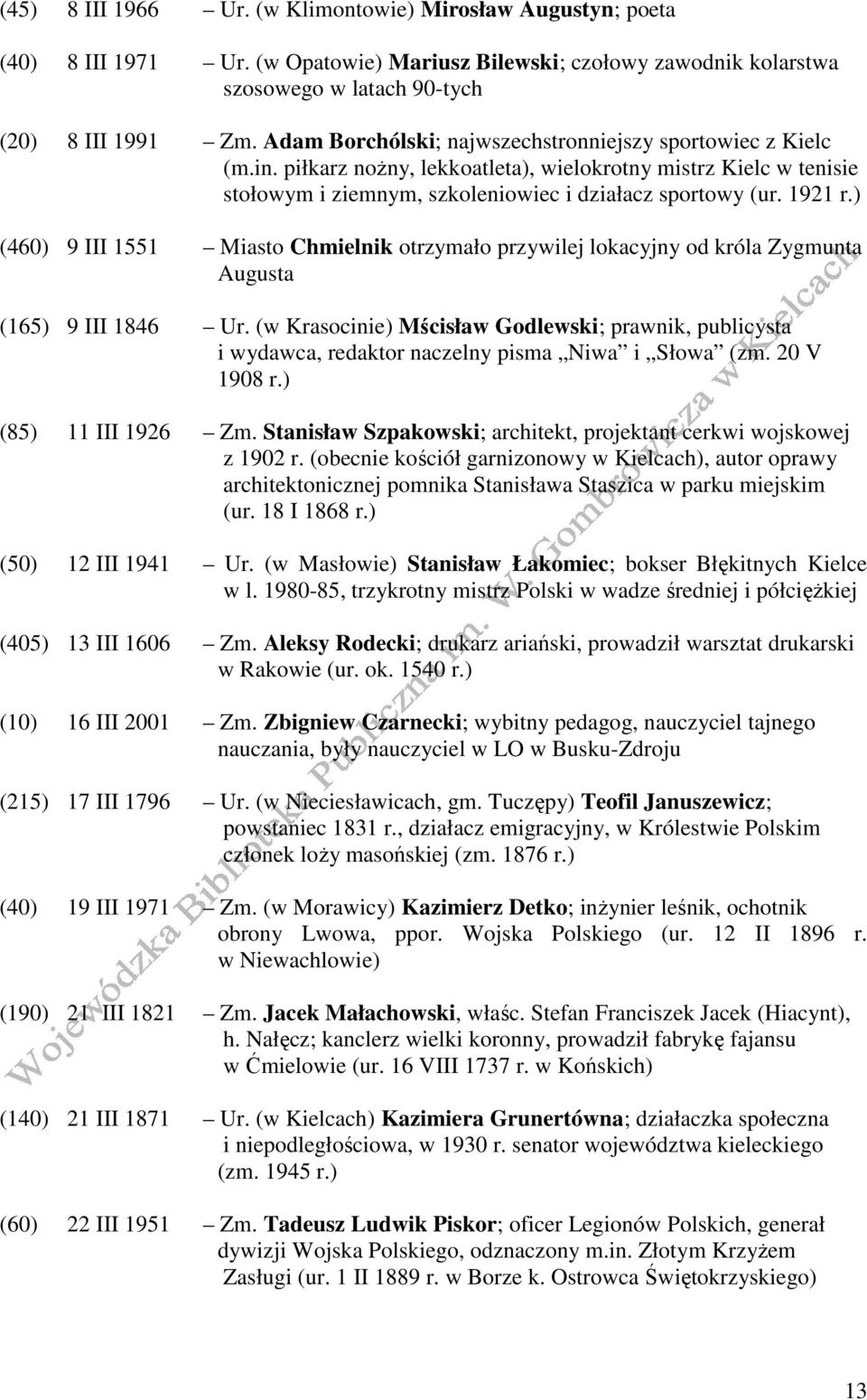 ) (460) 9 III 1551 Miasto Chmielnik otrzymało przywilej lokacyjny od króla Zygmunta Augusta (165) 9 III 1846 Ur.