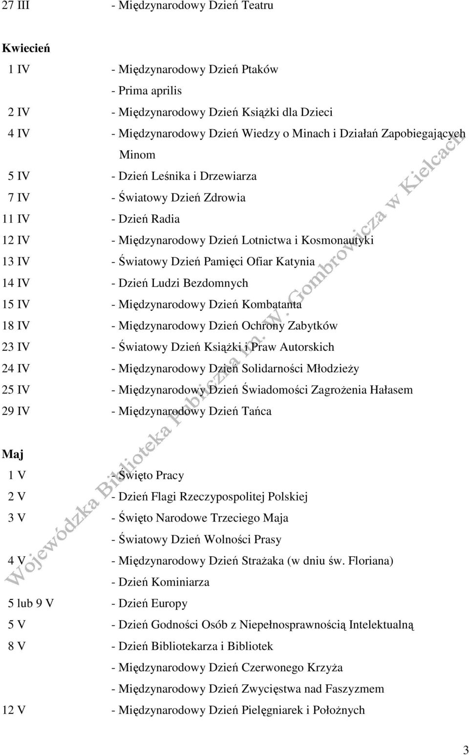 Katynia 14 IV - Dzień Ludzi Bezdomnych 15 IV - Międzynarodowy Dzień Kombatanta 18 IV - Międzynarodowy Dzień Ochrony Zabytków 23 IV - Światowy Dzień KsiąŜki i Praw Autorskich 24 IV - Międzynarodowy