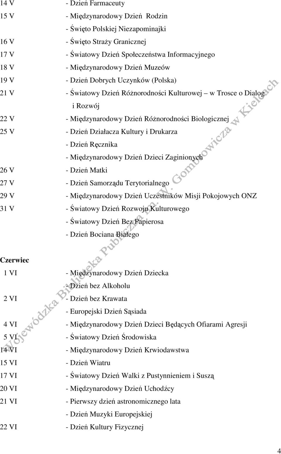 Działacza Kultury i Drukarza - Dzień Ręcznika - Międzynarodowy Dzień Dzieci Zaginionych 26 V - Dzień Matki 27 V - Dzień Samorządu Terytorialnego 29 V - Międzynarodowy Dzień Uczestników Misji