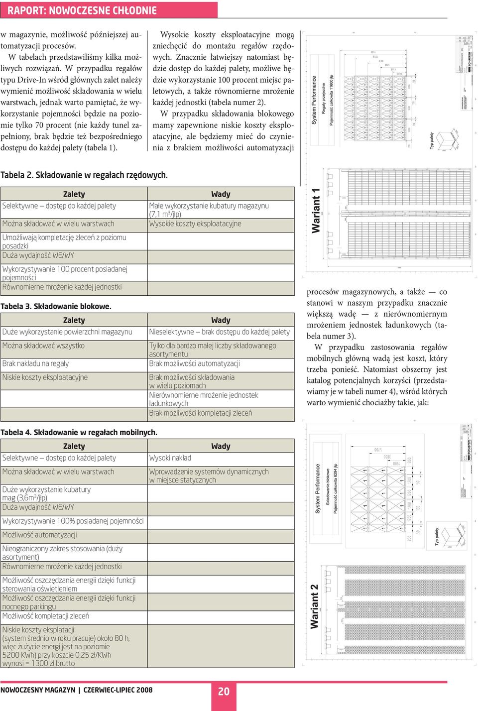 (nie każdy tunel zapełniony, brak będzie też bezpośredniego dostępu do każdej palety (tabela 1). Wysokie koszty eksploatacyjne mogą zniechęcić do montażu regałów rzędowych.