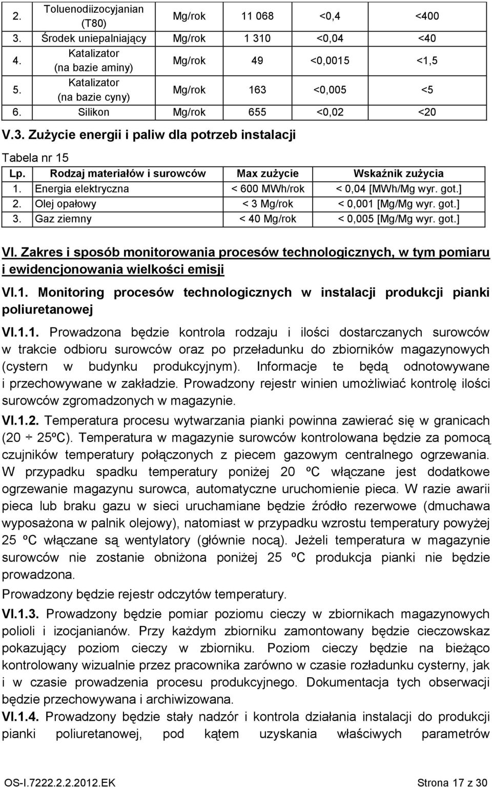 Rodzaj materiałów i surowców Max zużycie Wskaźnik zużycia 1. Energia elektryczna < 600 MWh/rok < 0,04 [MWh/Mg wyr. got.] 2. Olej opałowy < 3 Mg/rok < 0,001 [Mg/Mg wyr. got.] 3.