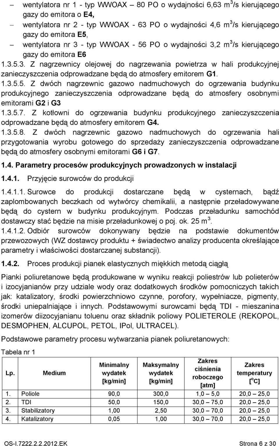 1.3.5.5. Z dwóch nagrzewnic gazowo nadmuchowych do ogrzewania budynku produkcyjnego zanieczyszczenia odprowadzane będą do atmosfery osobnymi emitorami G2 i G3 1.3.5.7.