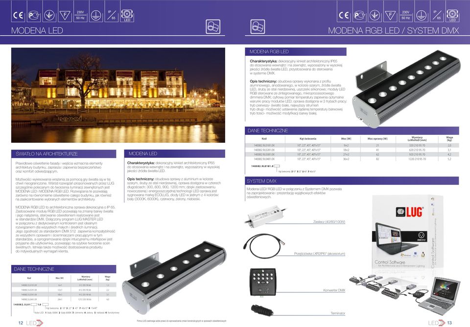 Opis techniczny: obudowa oprawy wykonana z profilu aluminiowego, anodowanego, w kolorze szarym, źródła światła LED, śruby ze stali nierdzewnej, uszczelki silikonowe; moduły LED RGB sterowane ze