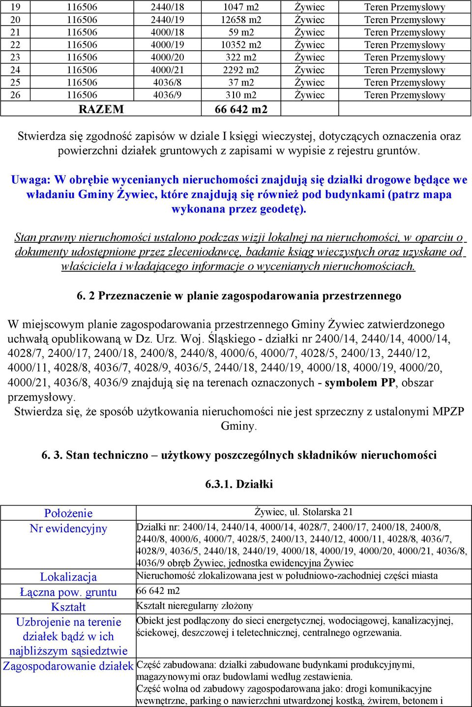 Przemysłowy RAZEM 66 642 m2 Stwierdza się zgodność zapisów w dziale I księgi wieczystej, dotyczących oznaczenia oraz powierzchni działek gruntowych z zapisami w wypisie z rejestru gruntów.