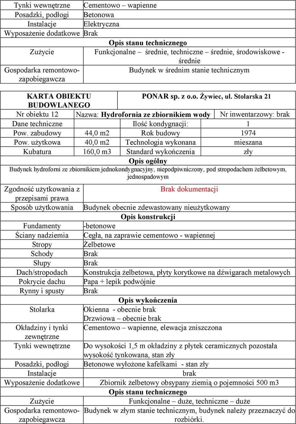 Stolarska 21 BUDOWLANEGO Nr obiektu 12 Nazwa: Hydrofornia ze zbiornikiem wody Nr inwentarzowy: brak Dane techniczne Ilość kondygnacji: 1 Pow. zabudowy 44,0 m2 Rok budowy 1974 Pow.