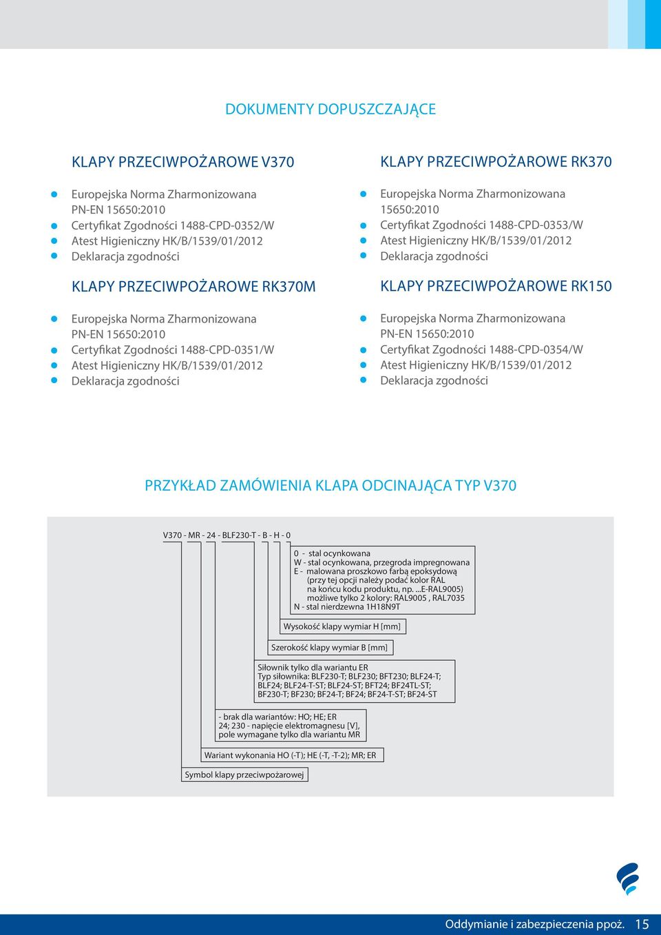 Europejska Norma Zharmonizowana 15650:2010 Certyfikat Zgodności 1488-CPD-0353/W Atest Higieniczny HK/B/1539/01/2012 Deklaracja zgodności KLAPY PRZECIWPOŻAROWE RK150 Europejska Norma Zharmonizowana