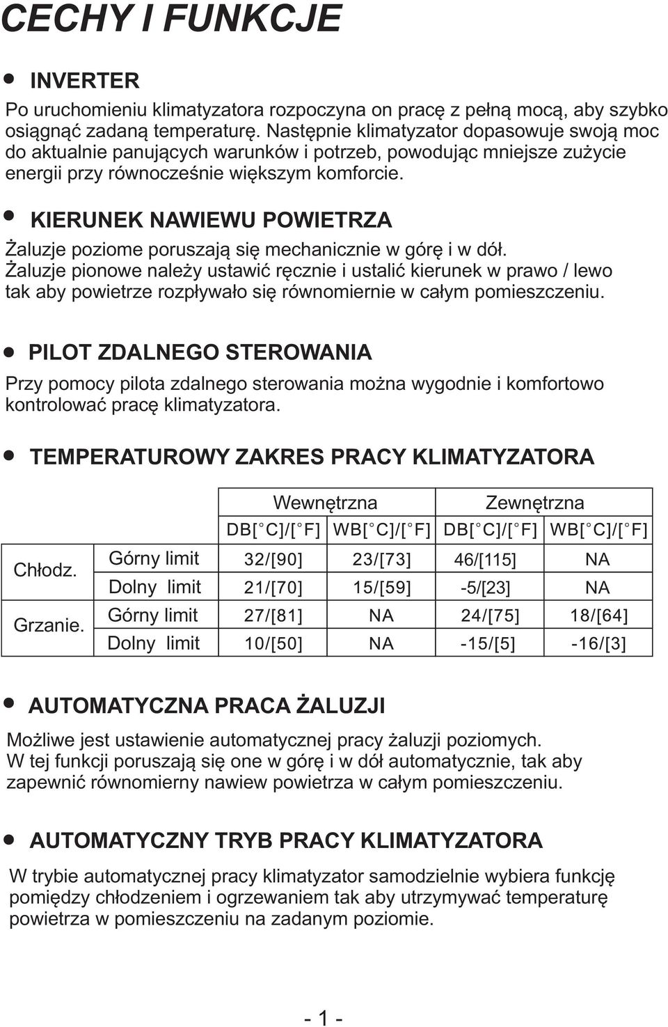 KIERUNEK NAWIEWU POWIETRZA Żaluzje poziome poruszają się mechanicznie w górę i w dół.