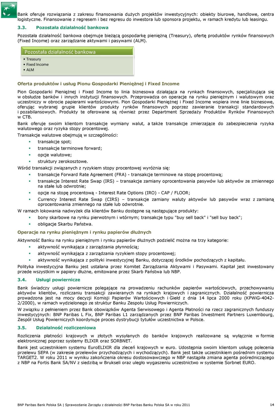 3. Pzstała działalnść bankwa Pzstała działalnść bankwa bejmuje bieŝącą gspdarkę pienięŝną (Treasury), fertę prduktów rynków finanswych (Fixed Incme) raz zarządzanie aktywami i pasywami (ALM).