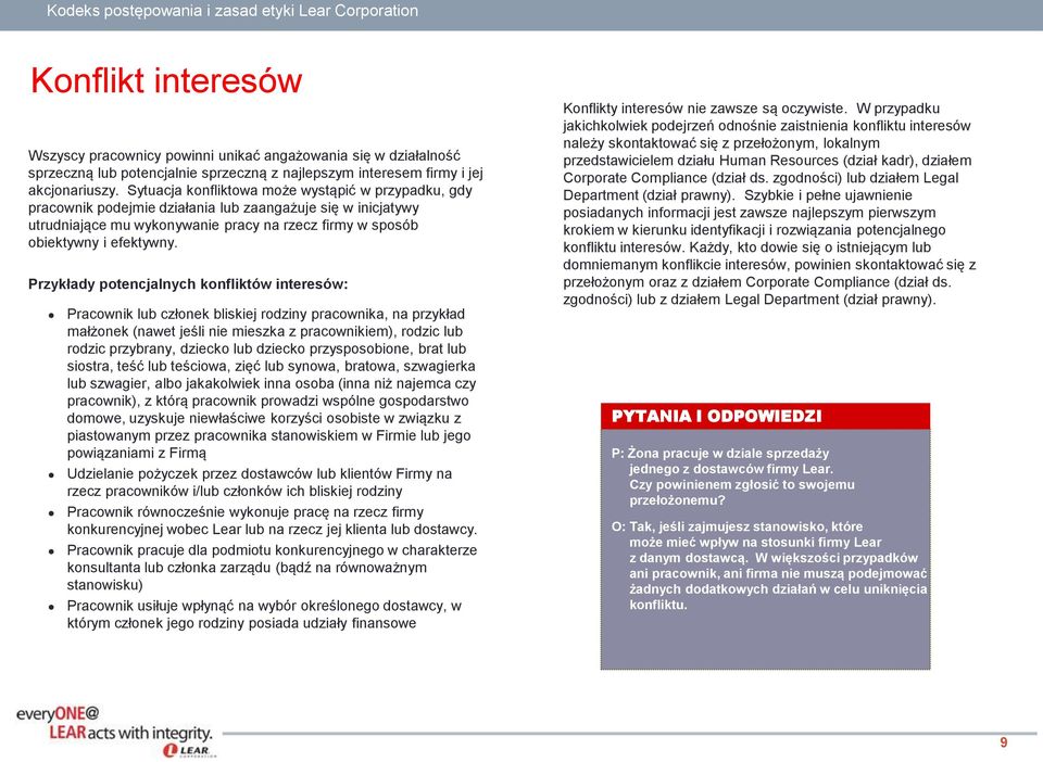 Przykłady potencjalnych konfliktów interesów: Pracownik lub członek bliskiej rodziny pracownika, na przykład małżonek (nawet jeśli nie mieszka z pracownikiem), rodzic lub rodzic przybrany, dziecko