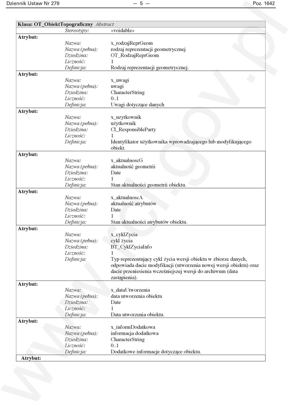 x_uwagi uwagi Dziedzina: CharacterString : 0..1 Uwagi dotycz ce danych x_uzytkownik u ytkownik Dziedzina: CI_ResponsibleParty : 1 Identyfikator u ytkownika wprowadzaj cego lub modyfikuj cego obiekt.