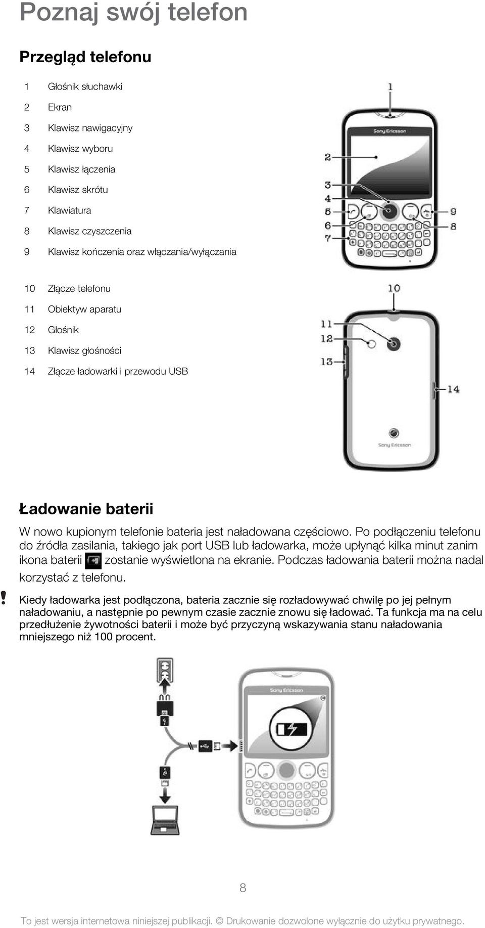 częściowo. Po podłączeniu telefonu do źródła zasilania, takiego jak port USB lub ładowarka, może upłynąć kilka minut zanim ikona baterii zostanie wyświetlona na ekranie.