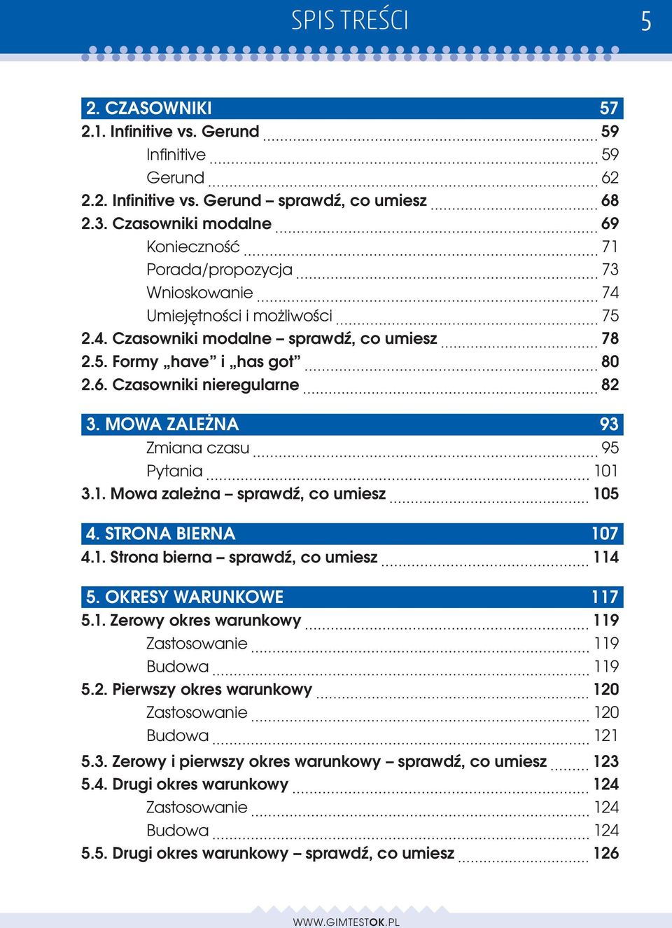 MOWA ZALEŻNA 93 Zmiana czasu 95 Pytania 101 3.1. Mowa zależna sprawdź, co umiesz 105 4. STRONA BIERNA 107 4.1. Strona bierna sprawdź, co umiesz 114 5. OKRESY WARUNKOWE 117 5.1. Zerowy okres warunkowy 119 Zastosowanie 119 Budowa 119 5.