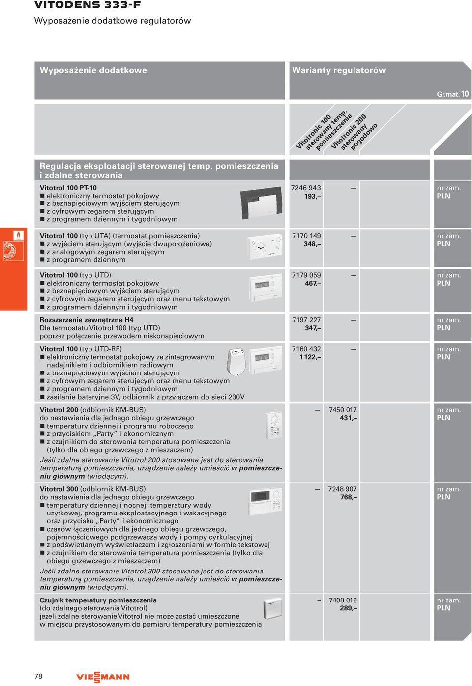 100 (typ UTA) (termostat pomieszczenia) z wyjściem sterującym (wyjście dwupołożeniowe) z analogowym zegarem sterującym z programem dziennym Vitotrol 100 (typ UTD) elektroniczny termostat pokojowy z