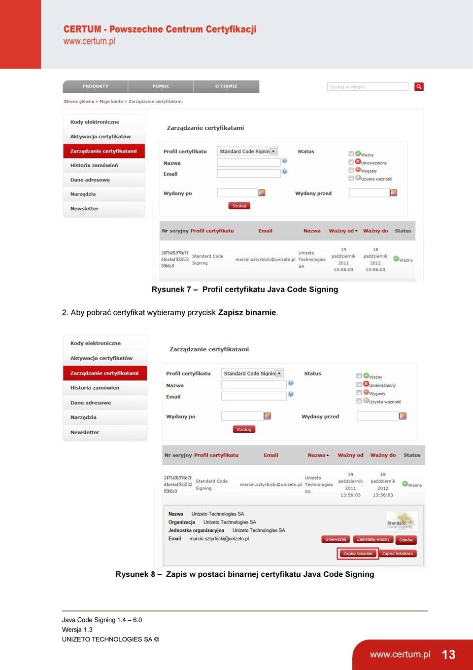 Aby pobrać certyfikat wybieramy przycisk