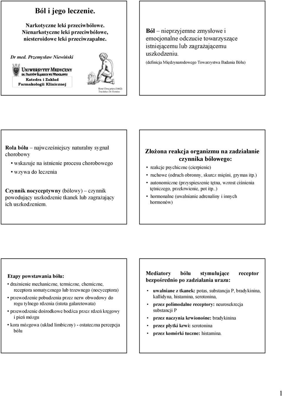 (definicja Międzynarodowego Towarzystwa Badania Bólu) Katedra i Zakład Farmakologii Klinicznej René Descartes (1662): Tractatus De Homine Rola bólu najwcześniejszy naturalny sygnał chorobowy wskazuje