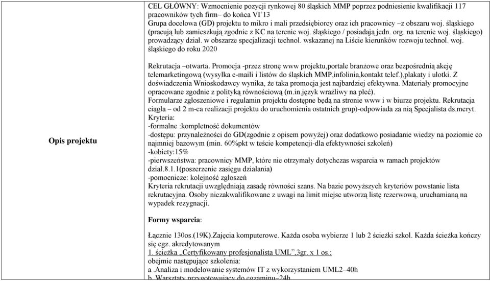 w obszarze specjalizacji technol. wskazanej na Liście kierunków rozwoju technol. woj. śląskiego do roku 2020 Opis projektu Rekrutacja otwarta.