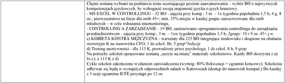 35% miejsc w każdej grupie zarezerwowane dla osób młodszych w celu wdrażania intementoringu, - CONTROLLING A ZARZĄDZANIE - 19 BO, zastosowanie oprogramowania controllingu do zarządzania