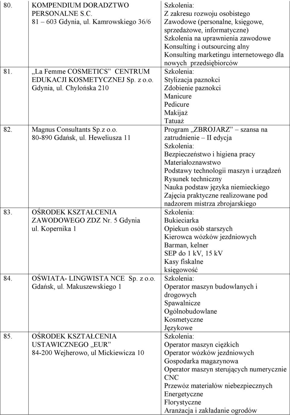 OŚRODEK KSZTAŁCENIA USTAWICZNEGO EUR 84-200 Wejherowo, ul Mickiewicza 10 Z zakresu rozwoju osobistego Zawodowe (personalne, księgowe, sprzedażowe, informatyczne) Szkolenia na uprawnienia zawodowe