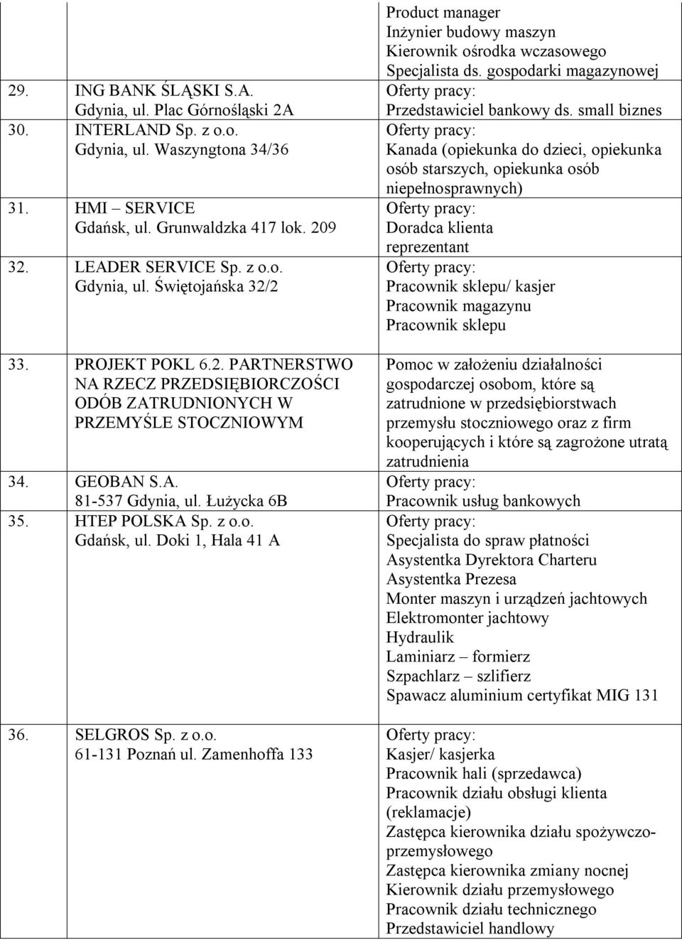 Doki 1, Hala 41 A 36. SELGROS Sp. z o.o. 61-131 Poznań ul. Zamenhoffa 133 Product manager Inżynier budowy maszyn Kierownik ośrodka wczasowego Specjalista ds.