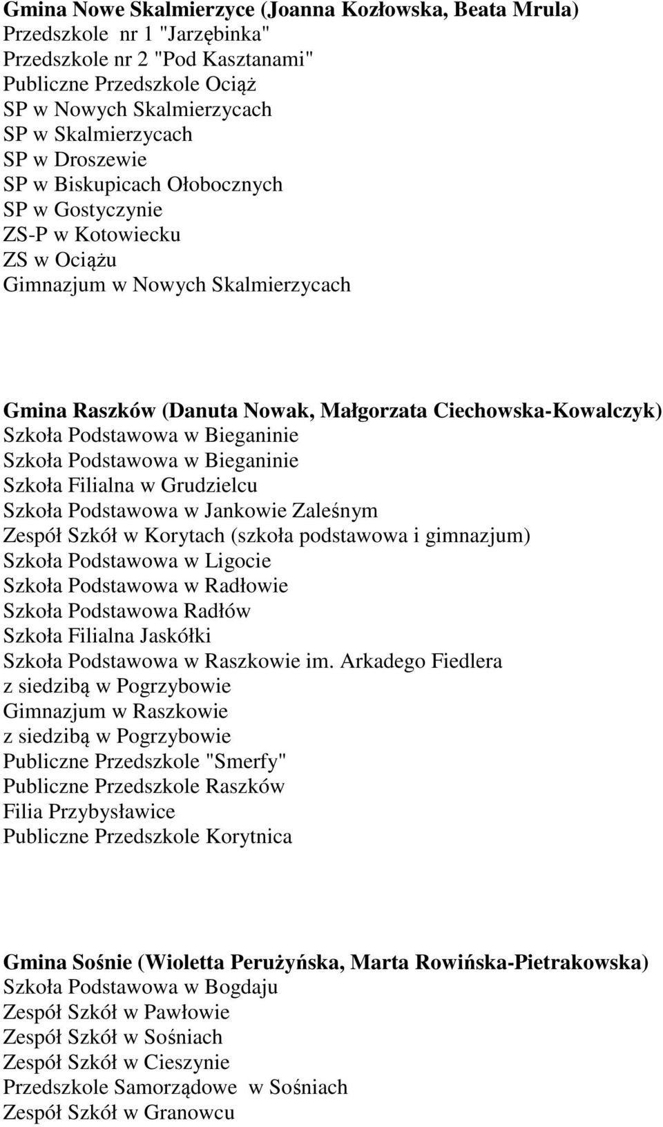 w Bieganinie Szkoła Podstawowa w Bieganinie Szkoła Filialna w Grudzielcu Szkoła Podstawowa w Jankowie Zaleśnym Zespół Szkół w Korytach (szkoła podstawowa i gimnazjum) Szkoła Podstawowa w Ligocie