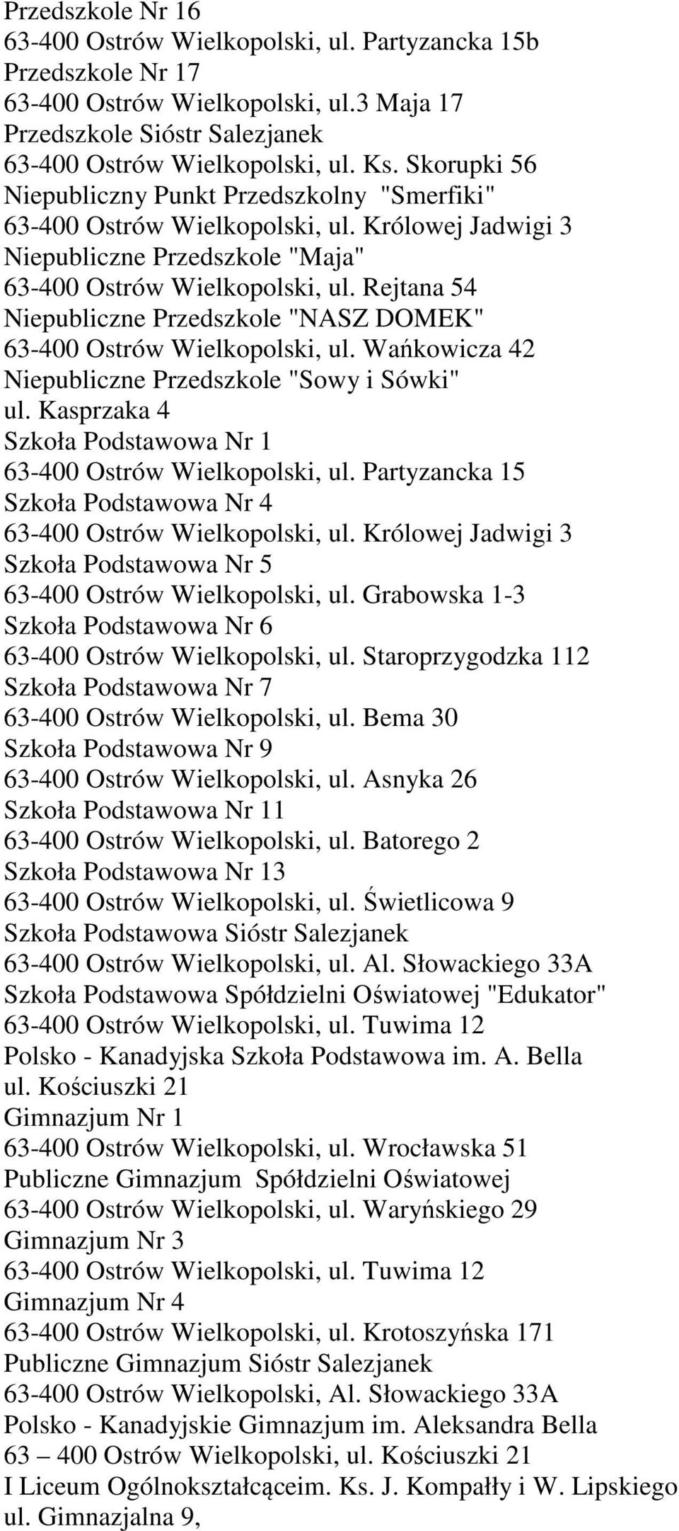 Rejtana 54 Niepubliczne Przedszkole "NASZ DOMEK" 63-400 Ostrów Wielkopolski, ul. Wańkowicza 42 Niepubliczne Przedszkole "Sowy i Sówki" ul.
