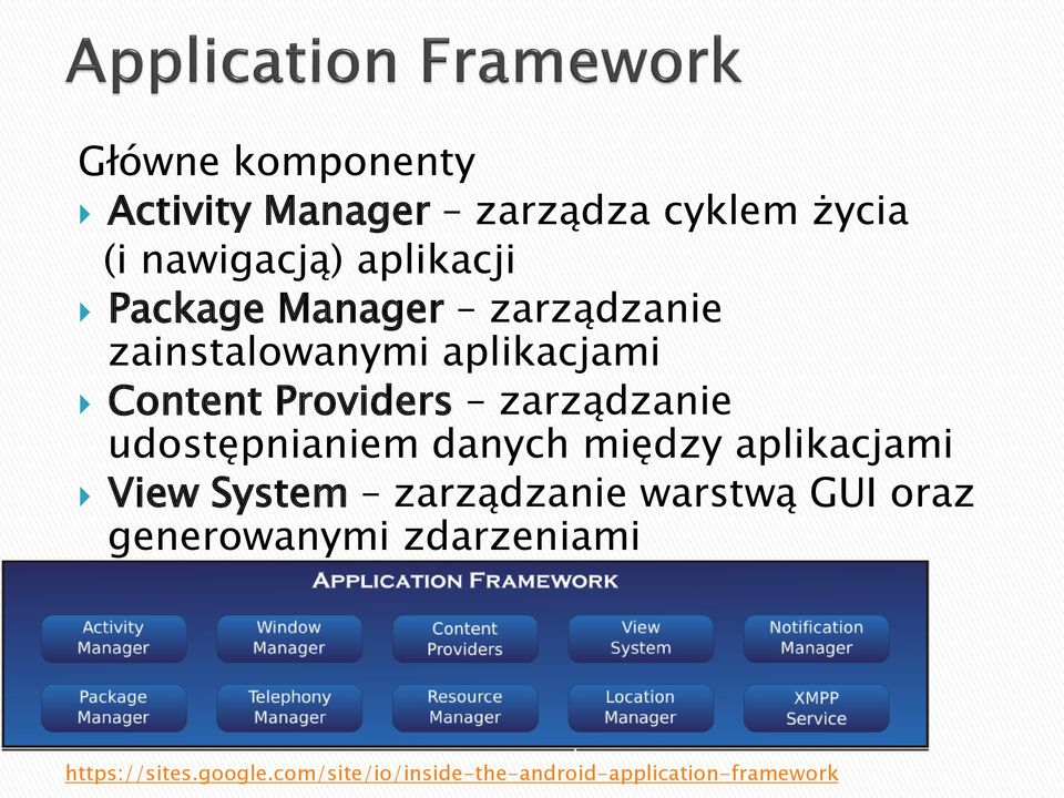 udostępnianiem danych między aplikacjami View System zarządzanie warstwą GUI oraz