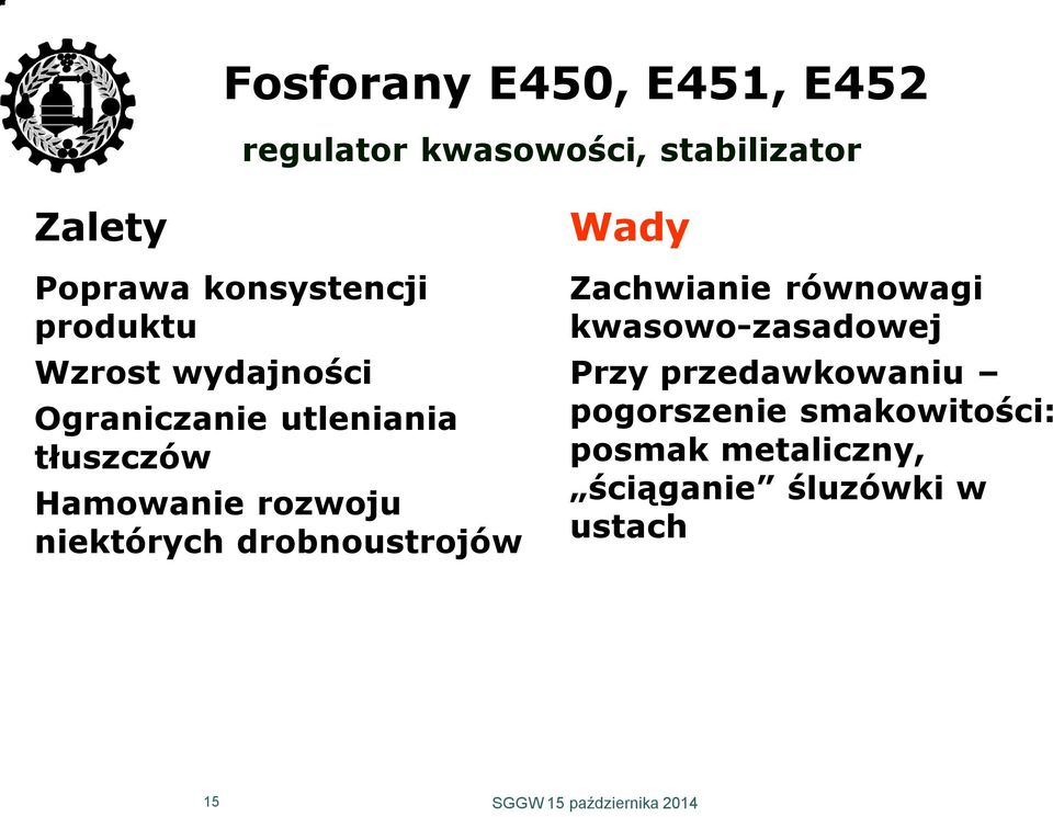 rozwoju niektórych drobnoustrojów Wady Zachwianie równowagi kwasowo-zasadowej Przy