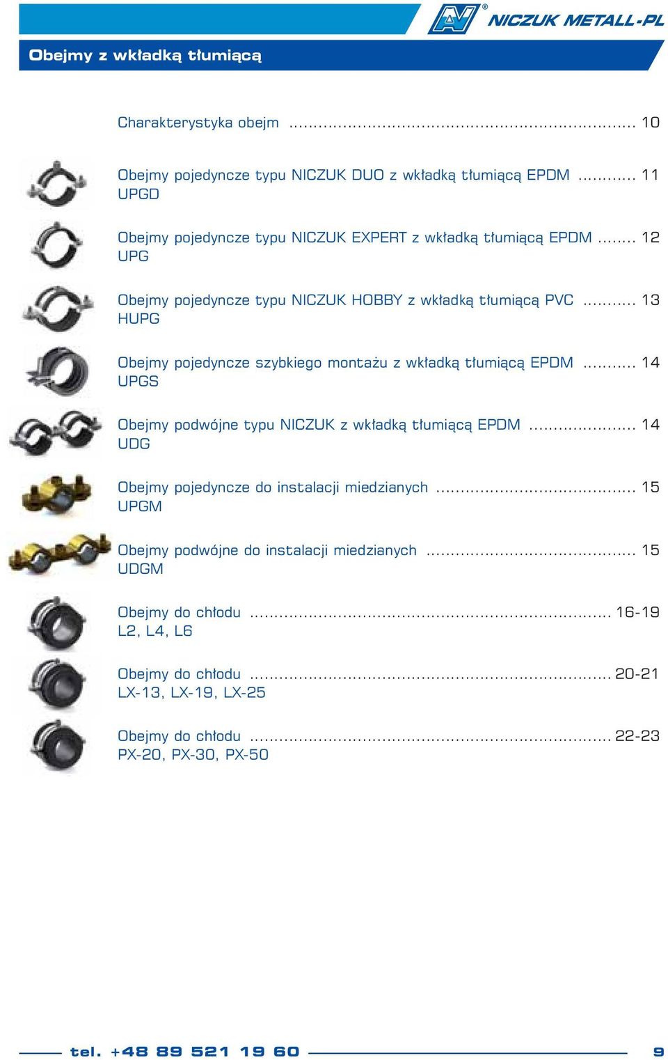 .. 13 HUPG Obejmy pojedyncze szybkieo montażu z wkładką tłumiącą EPDM... 14 UPGS Obejmy podwójne typu NICZUK z wkładką tłumiącą EPDM.