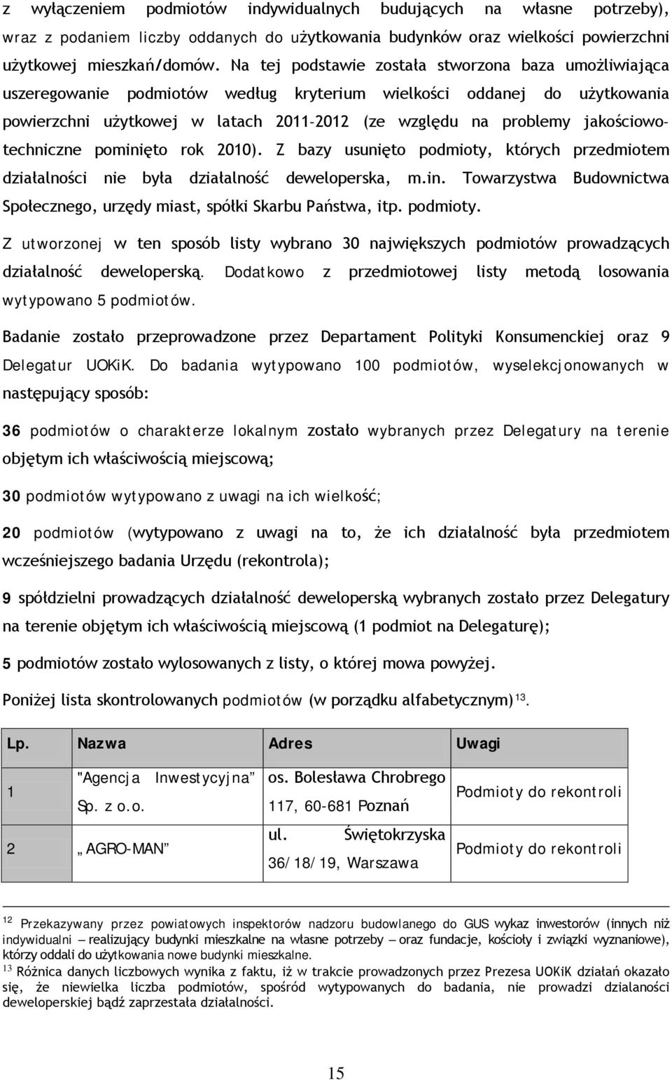 jakościowotechniczne pominięto rok 2010). Z bazy usunięto podmioty, których przedmiotem działalności nie była działalność deweloperska, m.in. Towarzystwa Budownictwa Społecznego, urzędy miast, spółki Skarbu Państwa, itp.