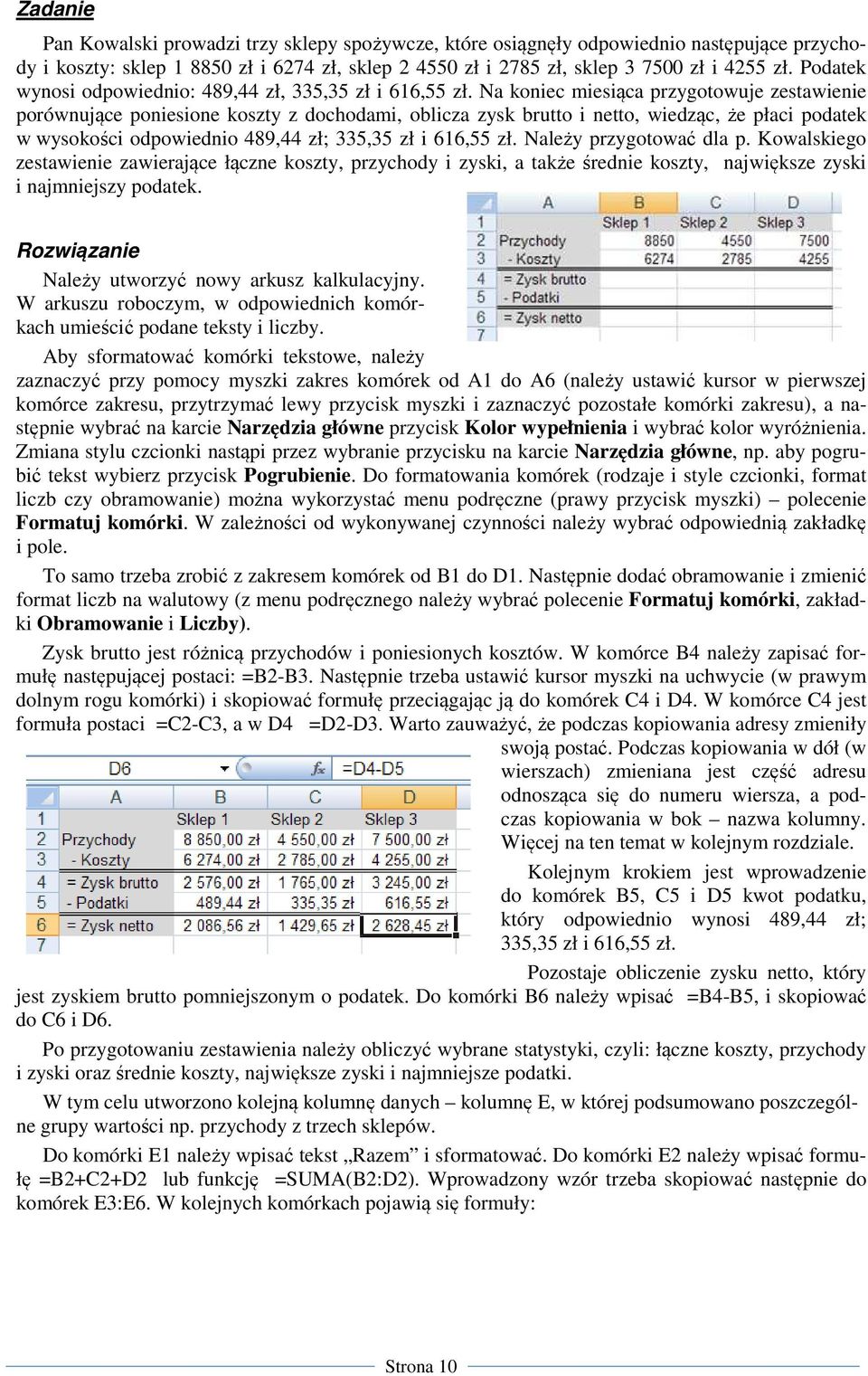 Na koniec miesiąca przygotowuje zestawienie porównujące poniesione koszty z dochodami, oblicza zysk brutto i netto, wiedząc, że płaci podatek w wysokości odpowiednio 489,44 zł; 335,35 zł i 616,55 zł.
