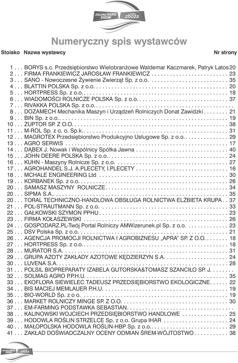 z o.o..... 8... DOZAMECH Mechanika Maszyn i Urządzeń Rolniczych Donat Zawidzki.... 21 9... BIN Sp. z o.o..... 19 10... ZUPTOR SP. Z O.O..... 38 11... M-ROL Sp. z o. o. Sp.k..... 31 12.