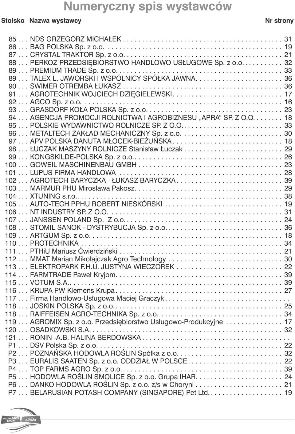 .. AGROTECHNIK WOJCIECH DZIĘGIELEWSKI.... 17 92... AGCO Sp. z o.o..... 16 93... GRASDORF KOŁA POLSKA Sp. z o.o..... 23 94... AGENCJA PROMOCJI ROLNICTWA I AGROBIZNESU APRA SP. Z O.O..... 18 95.