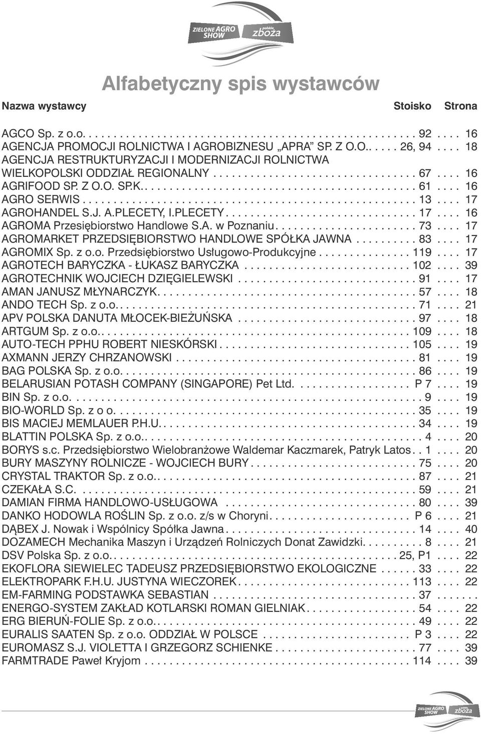 AGROHANDEL S.J. A.PLECETY, I.PLECETY....17... 16 AGROMA Przesiębiorstwo Handlowe S.A. w Poznaniu....73... 17 AGROMARKET PRZEDSIĘBIORSTWO HANDLOWE SPÓŁKA JAWNA....83... 17 AGROMIX Sp. z o.o. Przedsiębiorstwo Usługowo-Produkcyjne.