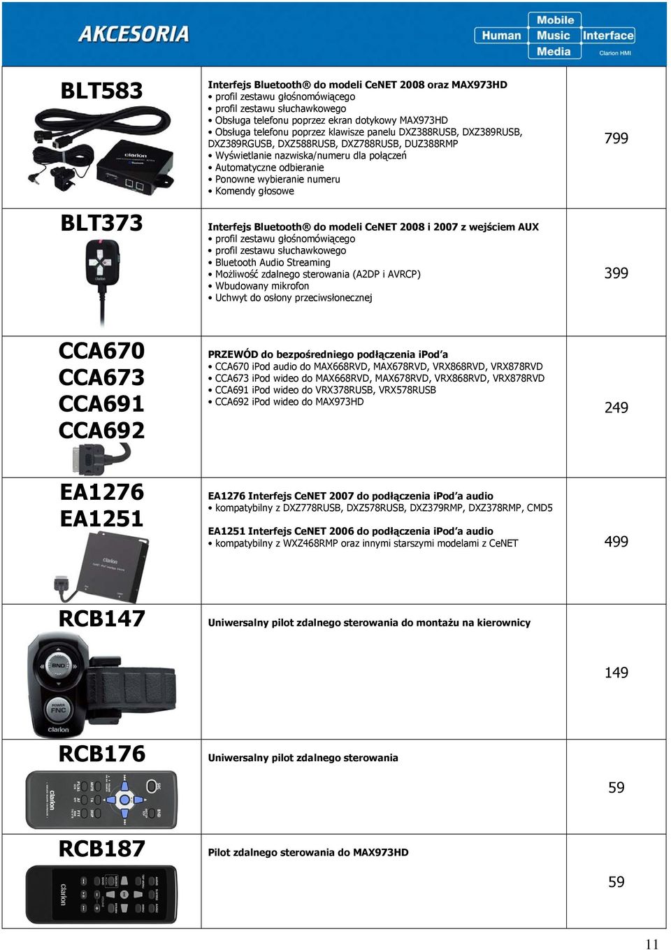 głosowe Interfejs Bluetooth do modeli CeNET 2008 i 2007 z wejściem AUX profil zestawu głośnomówiącego profil zestawu słuchawkowego Bluetooth Audio Streaming Możliwość zdalnego sterowania (A2DP i