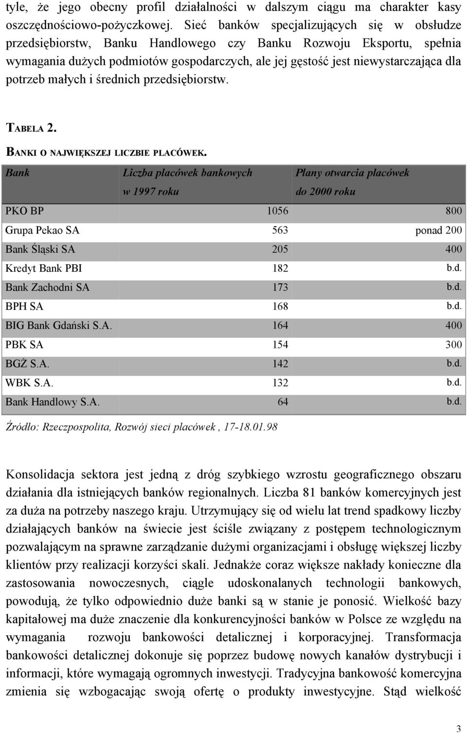 potrzeb małych i średnich przedsiębiorstw. TABELA 2. BANKI O NAJWIĘKSZEJ LICZBIE PLACÓWEK.