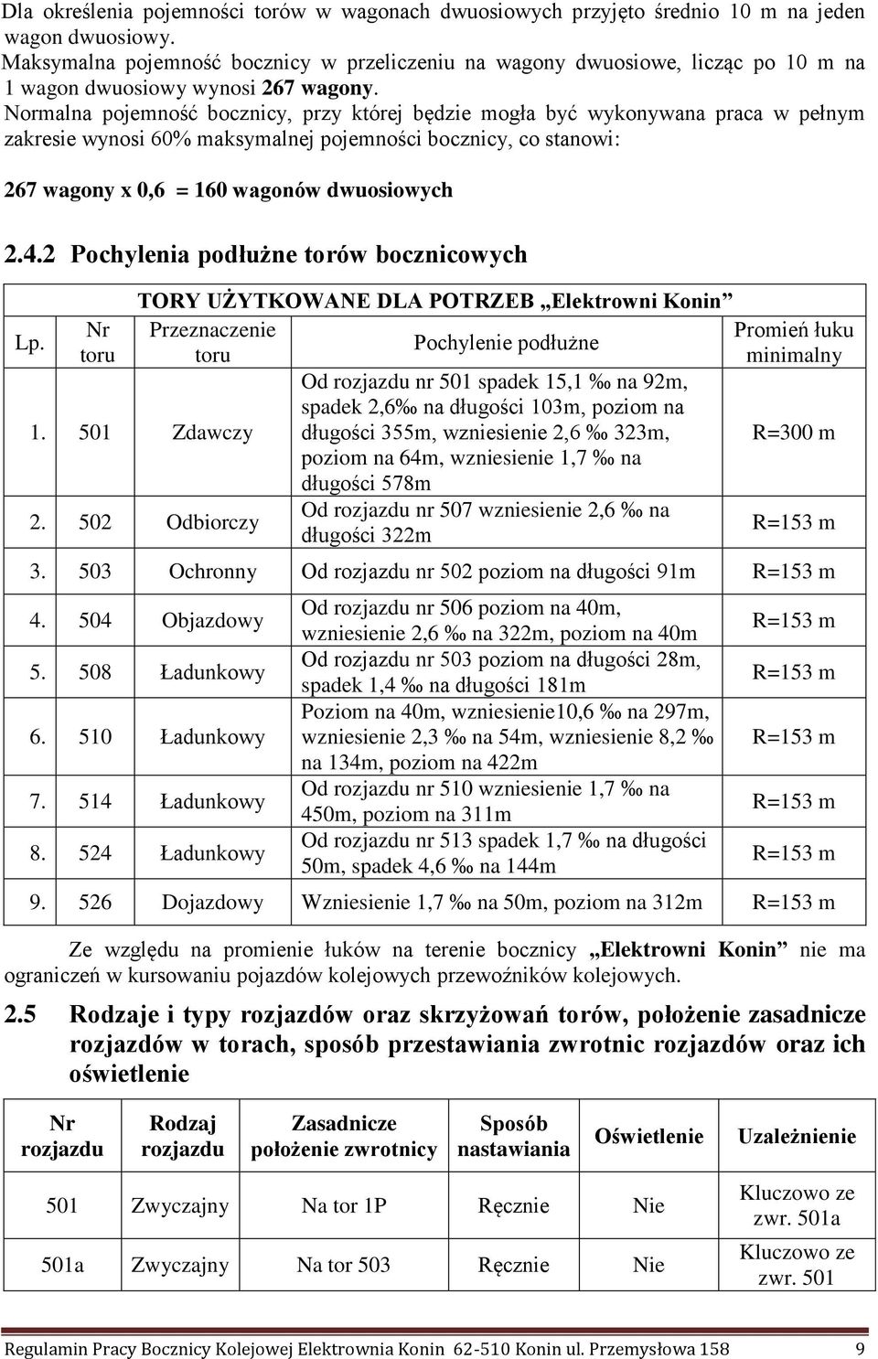 Normalna pojemność bocznicy, przy której będzie mogła być wykonywana praca w pełnym zakresie wynosi 60% maksymalnej pojemności bocznicy, co stanowi: 267 wagony x 0,6 = 160 wagonów dwuosiowych 2.4.