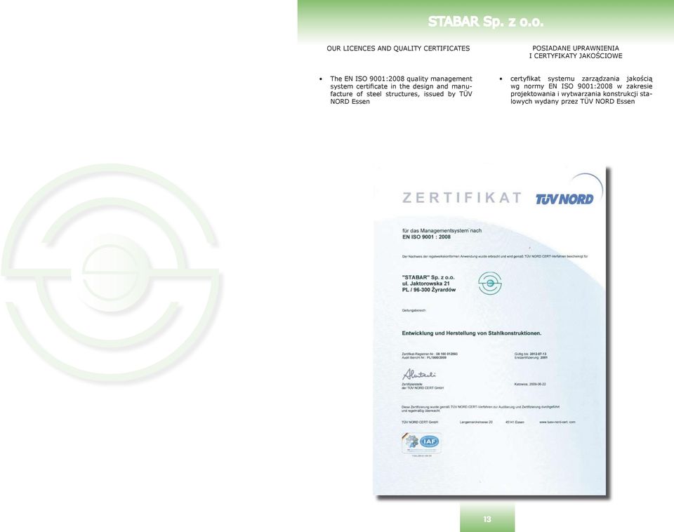 structures, issued by TÜV NORD Essen certyfikat systemu zarządzania jakością wg normy EN ISO