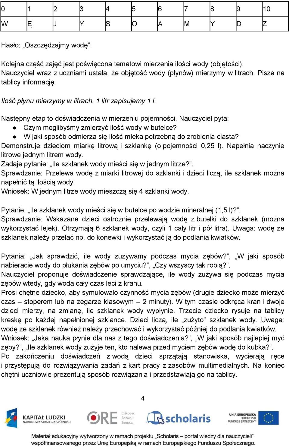 Następny etap to doświadczenia w mierzeniu pojemności. Nauczyciel pyta: Czym moglibyśmy zmierzyć ilość wody w butelce? W jaki sposób odmierza się ilość mleka potrzebną do zrobienia ciasta?