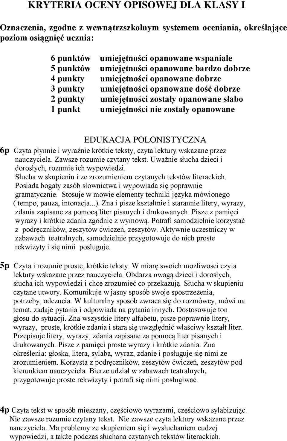 EDUKACJA POLONISTYCZNA 6p Czyta płynnie i wyraźnie krótkie teksty, czyta lektury wskazane przez nauczyciela. Zawsze rozumie czytany tekst. Uważnie słucha dzieci i dorosłych, rozumie ich wypowiedzi.
